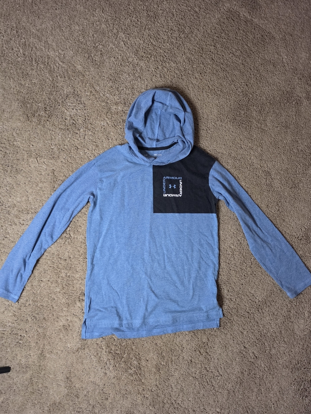 Kids Under Armour Light Blue Hooded Long Sleeve with Black Chest Panel